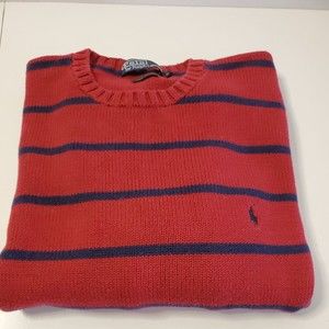 Polo Ralph Lauren Mens Sweater Red Navy Blue Striped Cotton Long Sleeve Knit L